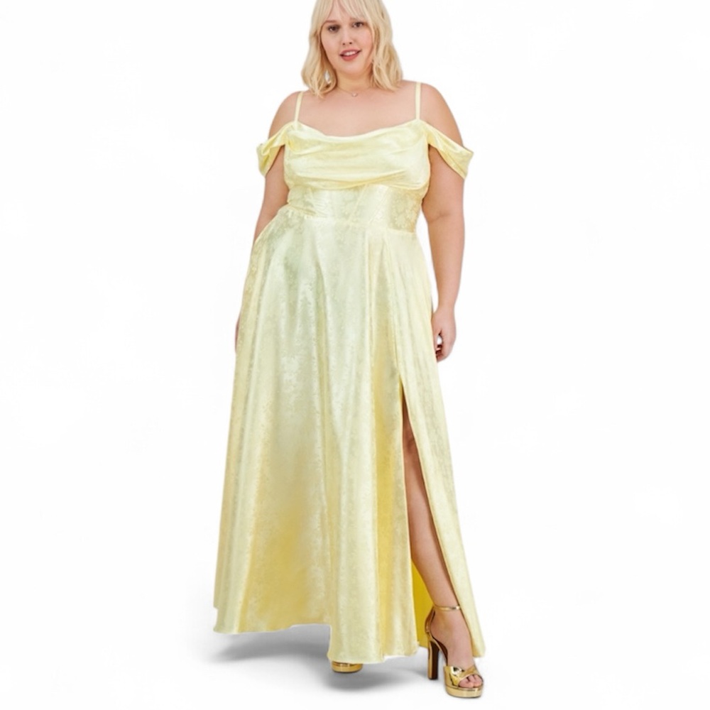 B Darlin Trendy Plus Size Off-The-Shoulder Satin Jacquard Gown Elegant Yellow